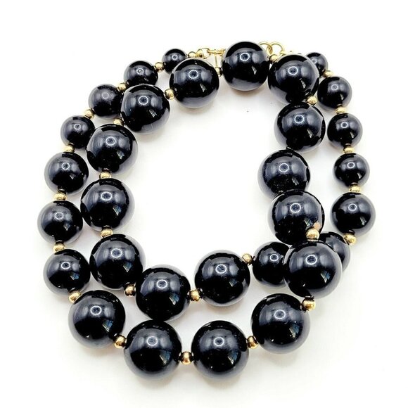 Vintage Monet Black Lucite Beaded Necklace Graduated 19" Gold Tone Sister Clasp - Picture 4 of 6